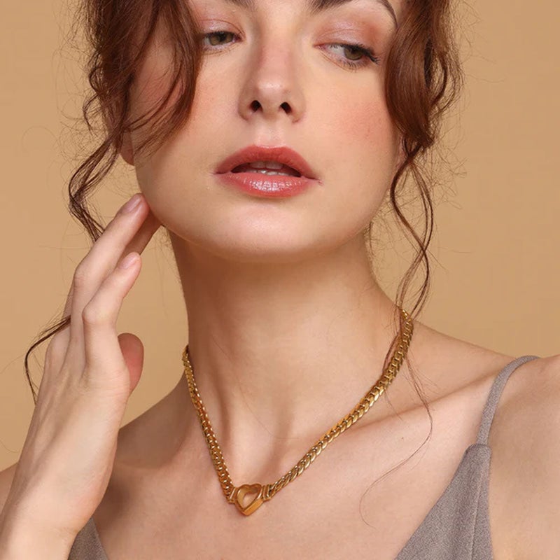 PALMONAS 18k Gold Tone Plated Cuban Chain Hollow Heart Necklace
 for Women - Image 4