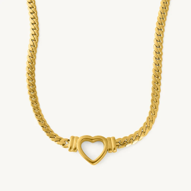 PALMONAS Cuban Hollow Heart Necklace for Women | 18K Gold Plated, Waterproof & Anti-Tarnish