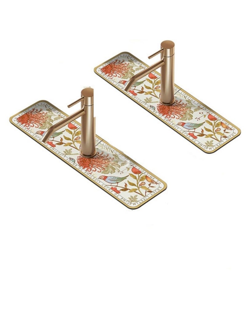 Mmmon 2Pcs Faucet Draining Mat,Self Absorbent Draining Mat For Kitchen Counter,Soft Diatom Mud Non-Slip Drain Pad Quick Dry Mat,Faucet Splash Catcher Countertop Absorbent Sink Protectors(Bird Pattern) - Image 1