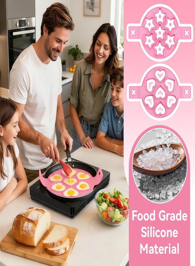 Agatige 2PCS Pancake Maker Mold, 7 Cavity Star/Heart Shape Nonstick Reusable Silicone Egg Mold Ring with Handle Kitchen Cooking Baking Tools for Muffin Fried Egg Burger - Image 2