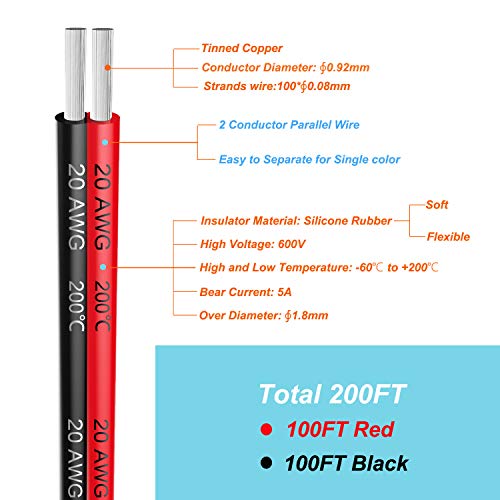 Haerkn 20 awg Silicone Electrical Wire 2 Conductor Parallel Wire line 200ft [Black 100ft Red 100ft] 20 Gauge Soft and Flexible Hook Up Oxygen Free Stranded Tinned Copper Wire - Image 2