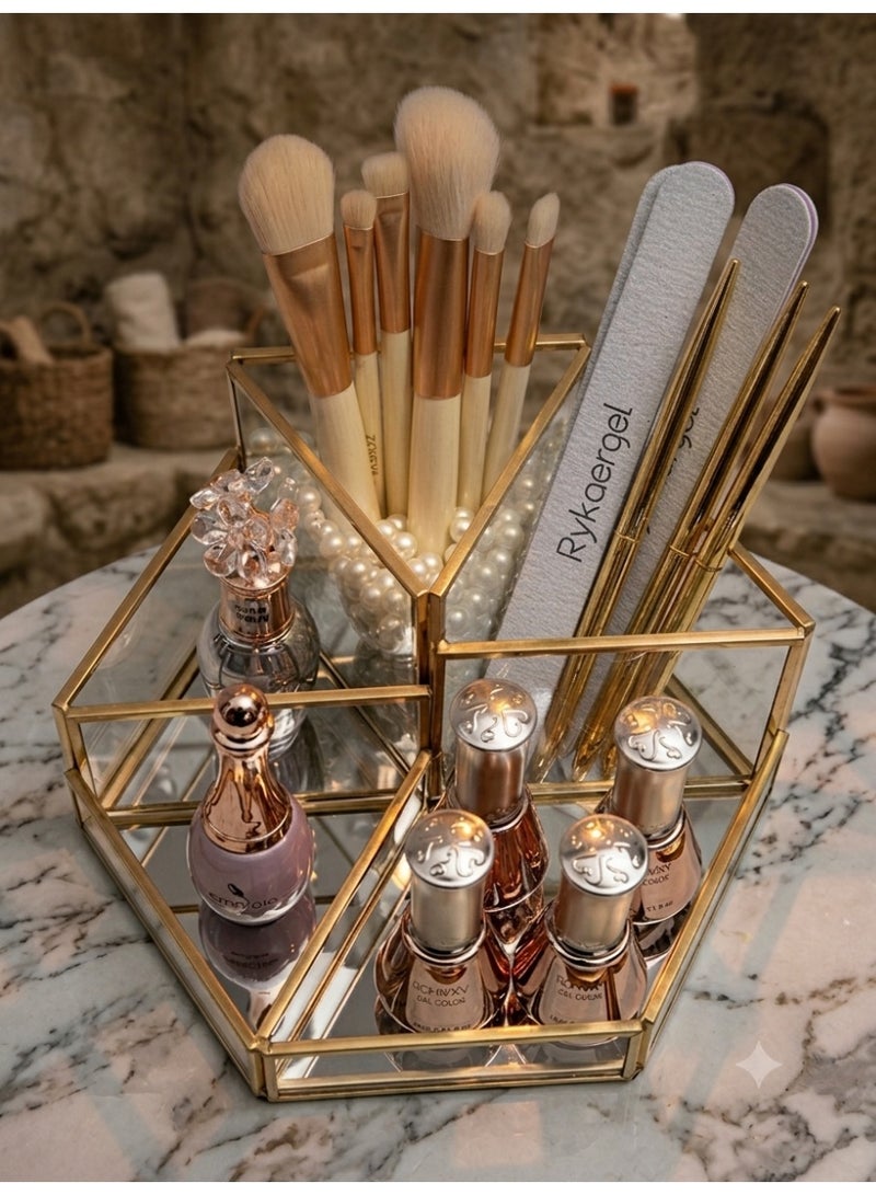 Hexagon Glass Makeup & Cosmetic Organizer Tray – Gold Framed Vanity Storage Display for Brushes, Perfume & Skincare