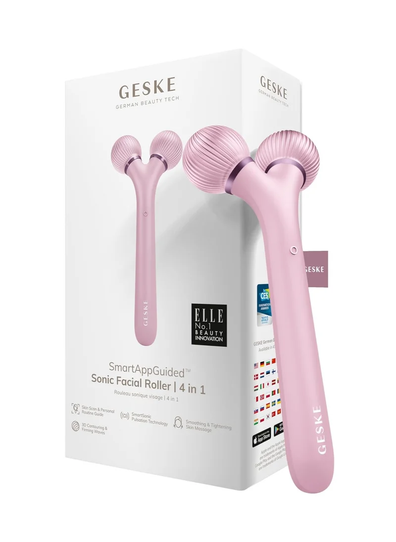 GESKE SmartAppGuided Sonic Facial Roller | 4 in 1 | Dermaroller | Device for Face | Dermaroll | Professional Face Roller | Tightens and Defines the Skin on the Face, Pink