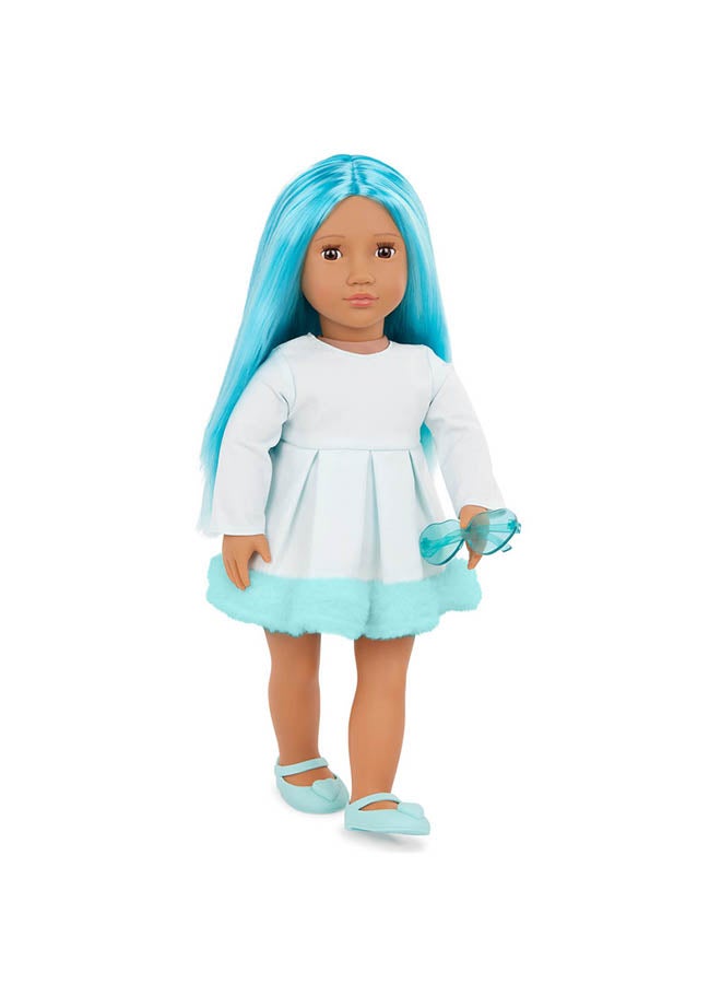 Our Generation 18-inch Fashion Doll – Lifelike Brown Eyes & Bubblegum Blue Hair – Dress Outfit With Faux-Fur Trim 

 – Pretend Play – Toys For Kids Ages 3 & Up – Capri - Image 3