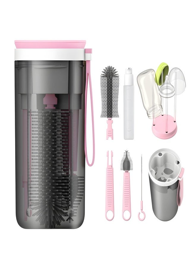 HOMSLECTO مجموعة تنظيف زجاجات الرضاعة للسفر من هوم سلكتو | مجموعة فرش سيليكون مع رف تجفيف مغناطيسي | فرشاة قابلة للتمديد لتنظيف الحلمات والمصاصات، موزع صابون، جهاز تدفئة زجاجات للاستخدام المنزلي والسفر (وردي) - Image 1