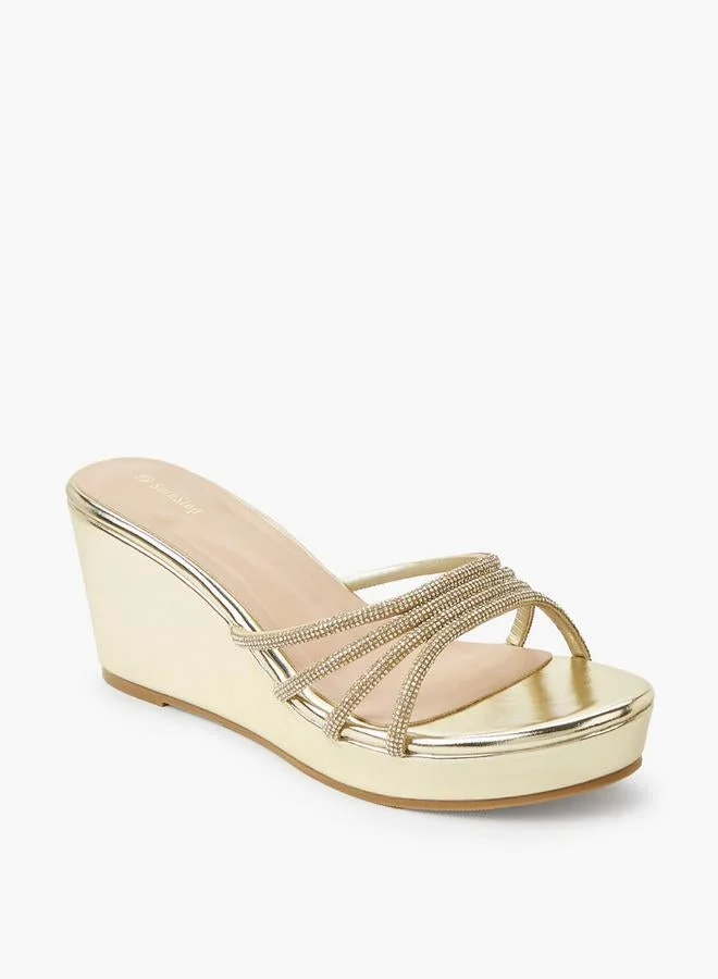 شور ستيب Women Metallic Wedge Heel Sandals With Embellished Straps