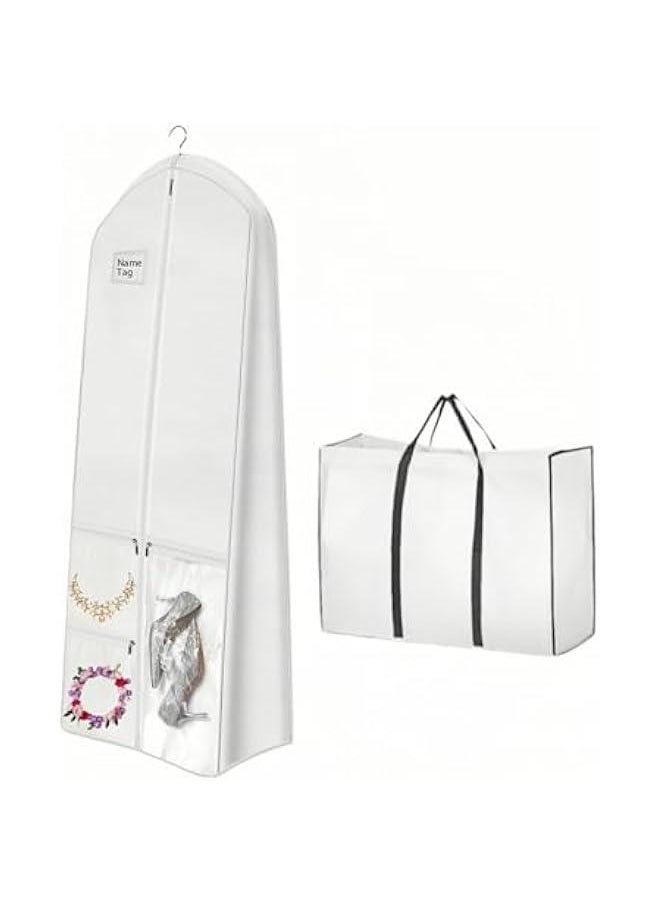 HOOKOR Durku 71 Wedding Dress Garment Bag Dress Bags for Gowns Bridal Dress with 3 Accessory Pockets and a tote bag for Puffy Bridal Gowns Cover, Travel Hanging Clothes or Storage Preservation，White  - Image 1
