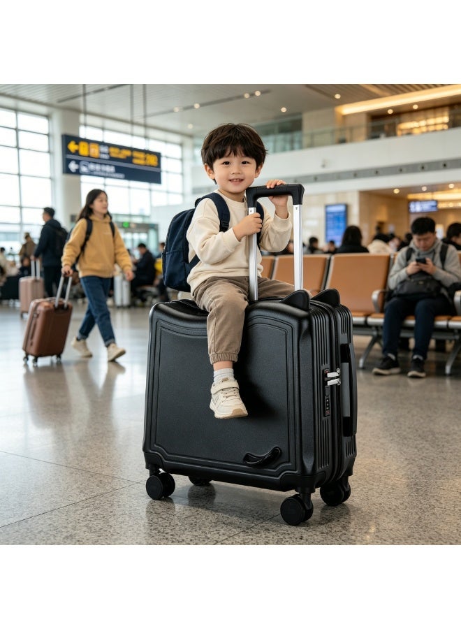 CityRiya-Long Ride on Luggage for Kids, Travel Suitcase with Seat for Toddler, Kids Luggage, Children Hard Shell Trolley Travel Luggage with Spinning Wheels, Kid's Carry On Suitcases for Girls Boys, Black - Image 1