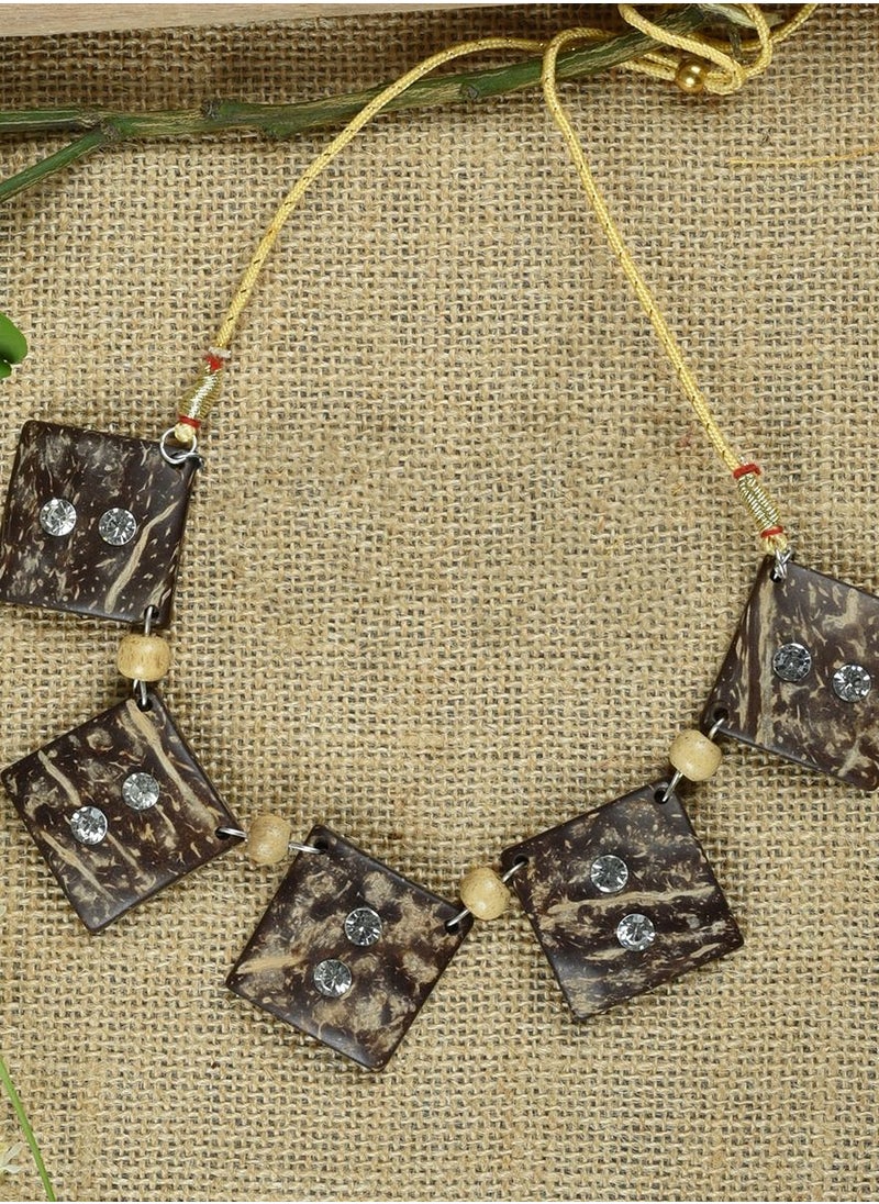 N & H Women's Coconut Shell Pearl Embedded Square Shaped Necklace with Earrings Set  - Image 2