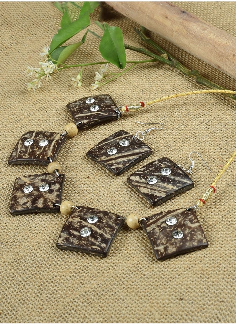 N & H Women's Coconut Shell Pearl Embedded Square Shaped Necklace with Earrings Set  - Image 1
