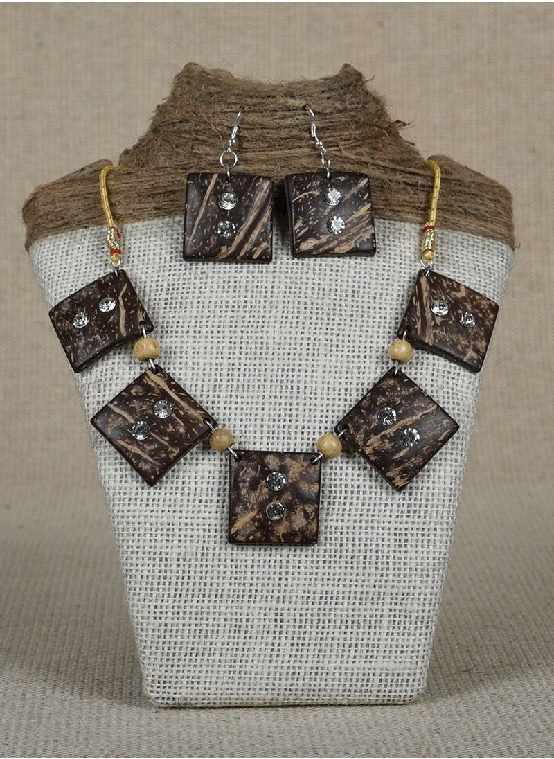 N & H Women's Coconut Shell Pearl Embedded Square Shaped Necklace with Earrings Set  - Image 4