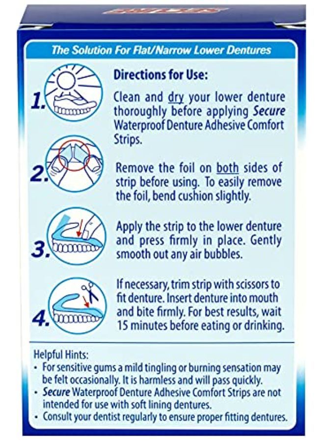 secure Comfort Strips Waterproof Denture Adhesive - Zinc Free - Extra Firm Hold For Lower Dentures - 15 Strips (Pack Of 3) - Image 2