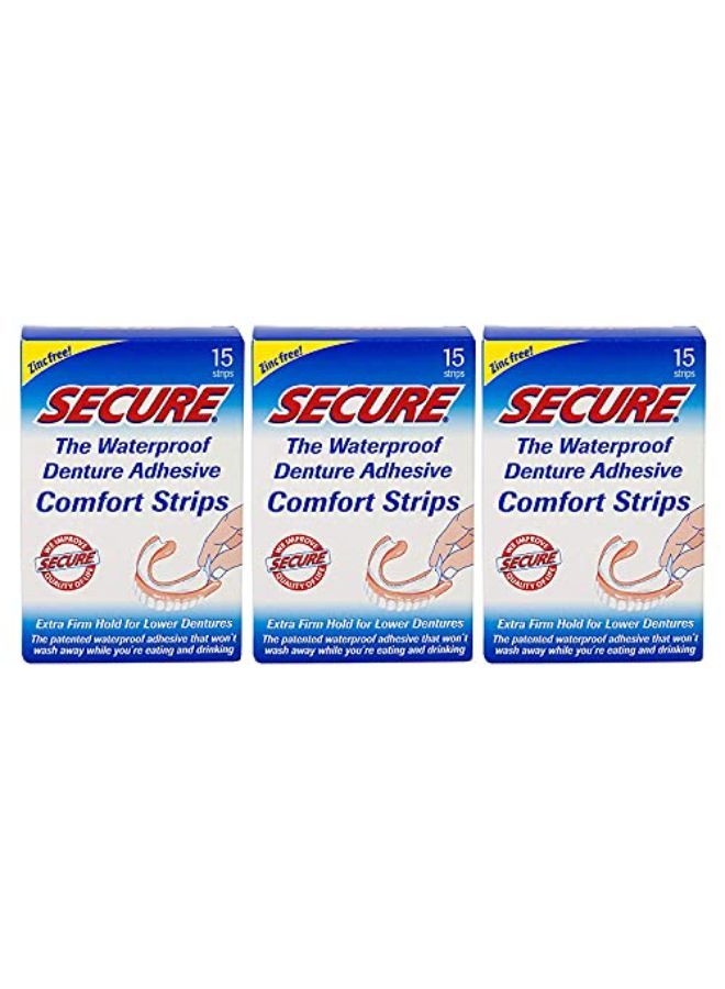 secure Comfort Strips Waterproof Denture Adhesive - Zinc Free - Extra Firm Hold For Lower Dentures - 15 Strips (Pack Of 3) - Image 1
