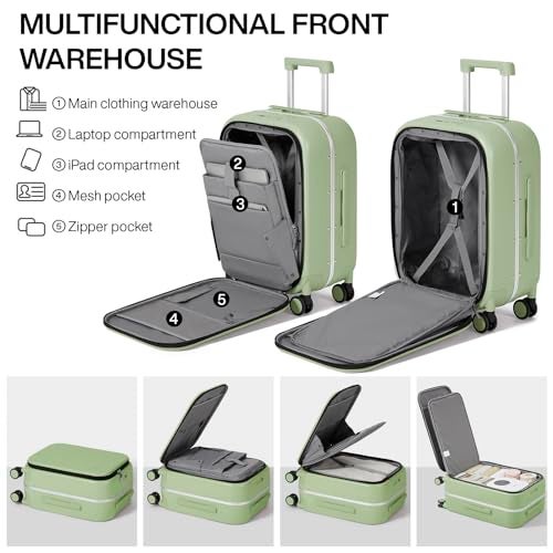 mixi Carry On Luggage, 20'' Suitcase with Front Laptop Pocket, Travel Rolling Luggage Aluminum Frame PC Hardside with Spinner Wheels & TSA Lock and Cover - Avocado Green - Image 4