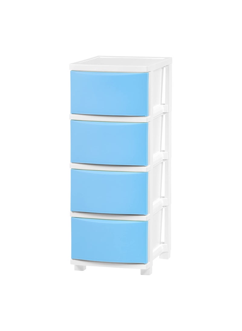 IRIS IRIS USA Plastic Drawer Storage Organizer 4Drawers for Classroom Art Supplies Dresser Closet Bathroom Dorm Bedroom Laundry Room Slim Narrow White Frame with Matte Blue Front Panels 