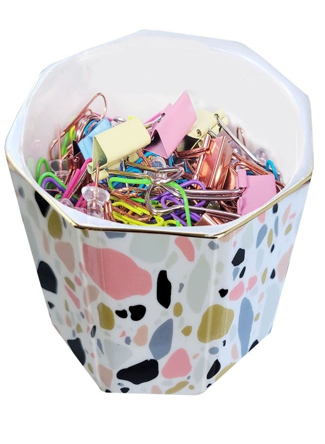LEAZUL Ceramic Paper Clip Holder With Gold Line Geometric Terrazzo Marble Paper Clip Dispenser for Desk Cute Paper Clip Organizer Office Binder Clip Holder Gift for Office Pink - Image 1