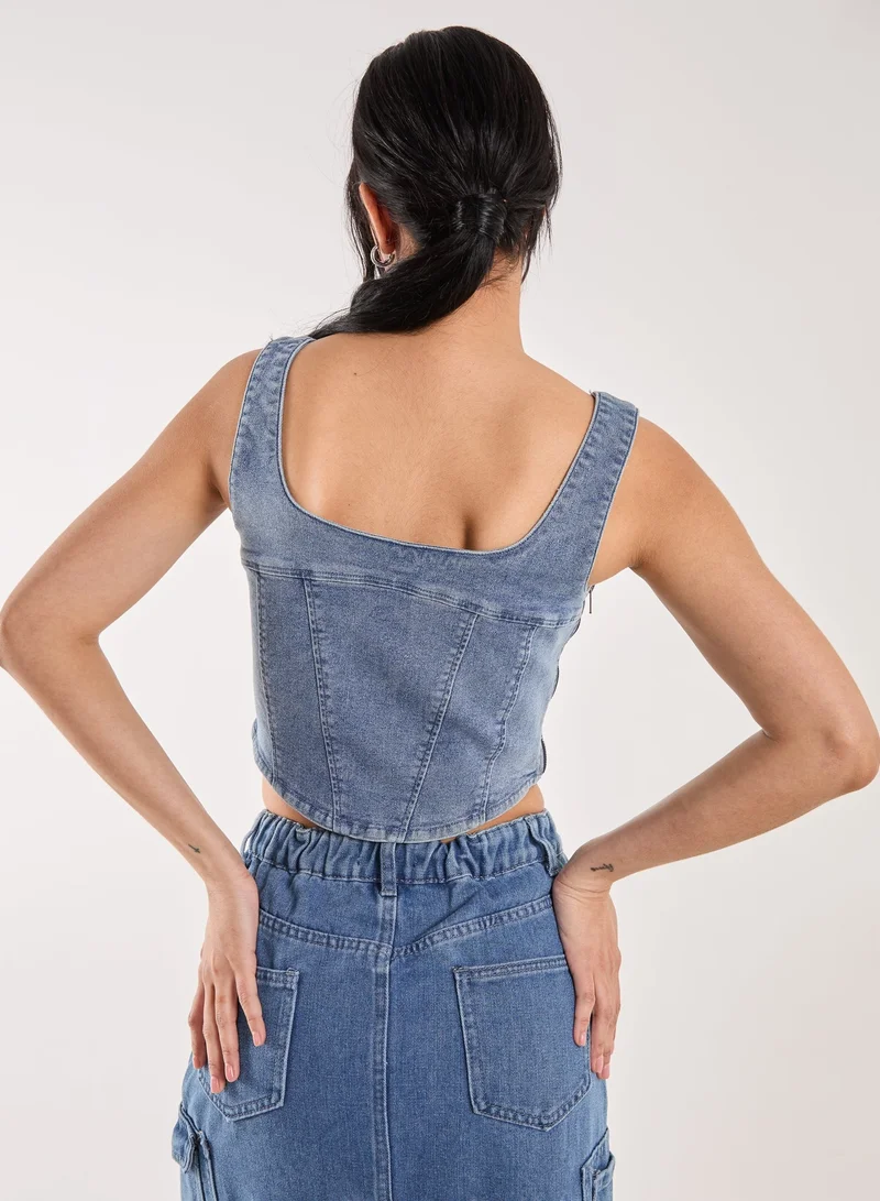 Pink Vanilla Denim Cropped Corset Top