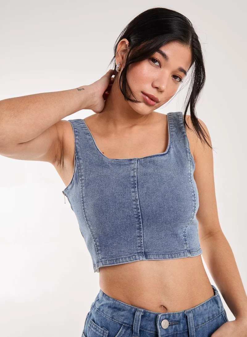 Pink Vanilla Denim Cropped Corset Top