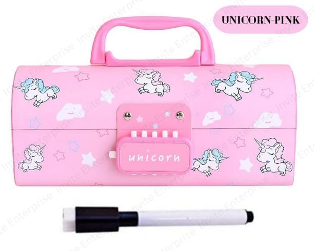 Invite Enterprise Plastic Pen & Pencil Box | Suitcase Style Password Lock Case, Multi-Layer for Kids, Boys, Girls, Stationary Organizer, Return Gift (Unicorn-Pink) - Image 4