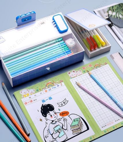Invite Enterprise Plastic Pen & Pencil Box | Suitcase Style Password Lock Case, Multi-Layer for Kids, Boys, Girls, Stationary Organizer, Return Gift (Unicorn-Pink) - Image 2