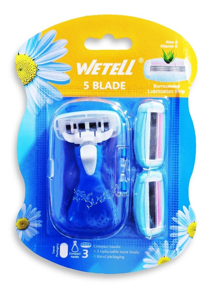 WETELL Women's razor with 3 nano-precision blades and a 360° moisturizing strip, enriched with aloe vera and vitamin E for sensitive skin, a flexible head that fits the contours, and protective rubber fins for a smooth and safe shave without irritation. & Mini Women’s 5 Blade Razor with 360° Lubrication Strip & Aloe Vera , Adjustable Shaving Head, Compact Non-Slip Handle, Includes 3 Interchangeable Heads for Smooth, Gentle & Comfortable Shaving AnywhereBundle - Image 3
