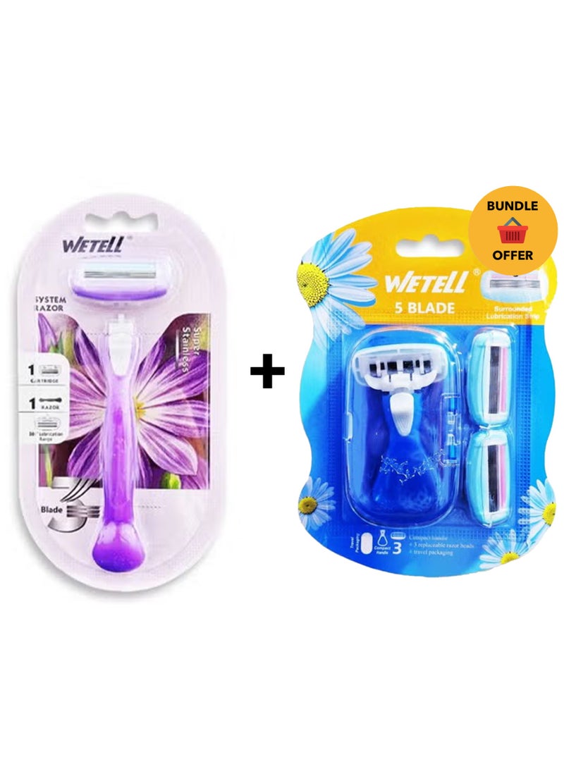 WETELL Women's razor with 3 nano-precision blades and a 360° moisturizing strip, enriched with aloe vera and vitamin E for sensitive skin, a flexible head that fits the contours, and protective rubber fins for a smooth and safe shave without irritation. & Mini Women’s 5 Blade Razor with 360° Lubrication Strip & Aloe Vera , Adjustable Shaving Head, Compact Non-Slip Handle, Includes 3 Interchangeable Heads for Smooth, Gentle & Comfortable Shaving AnywhereBundle - Image 1