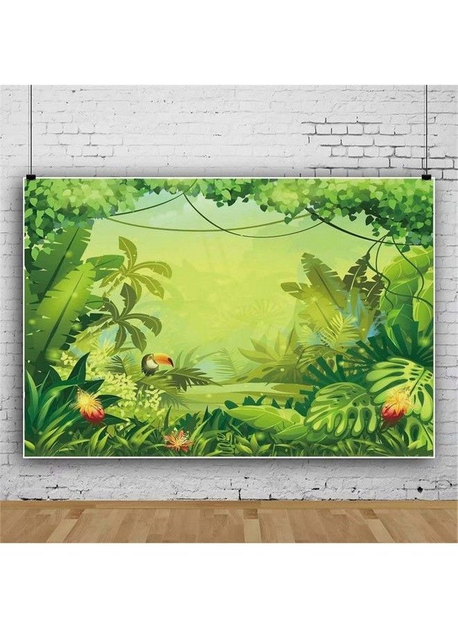 Laeacco 5X3Ft Cartoon Tropical Rainforest Backdrop Fairy Tale Forest Polyester Photography Background Lush Green Plants Palm Flowers Summer Party Decoration Children Kids Birthday Party Banner  - Image 3