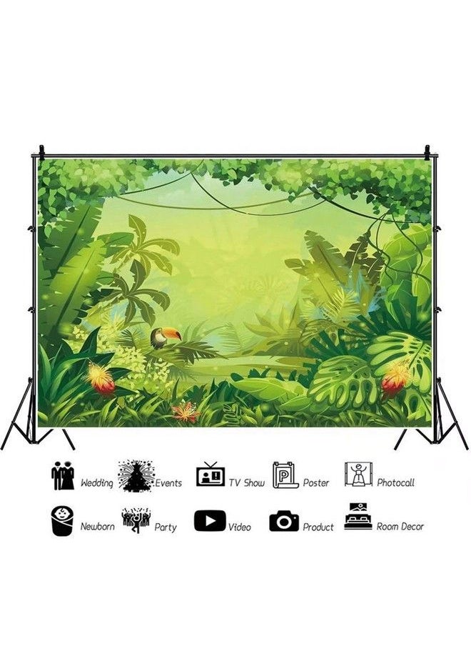 Laeacco 5X3Ft Cartoon Tropical Rainforest Backdrop Fairy Tale Forest Polyester Photography Background Lush Green Plants Palm Flowers Summer Party Decoration Children Kids Birthday Party Banner  - Image 4