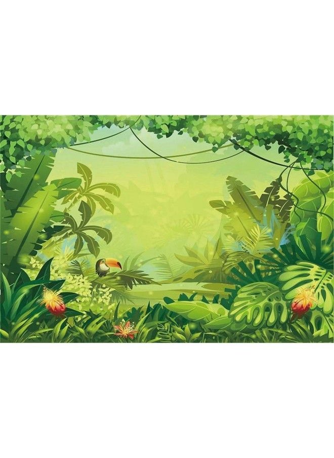 Laeacco 5X3Ft Cartoon Tropical Rainforest Backdrop Fairy Tale Forest Polyester Photography Background Lush Green Plants Palm Flowers Summer Party Decoration Children Kids Birthday Party Banner  - Image 5