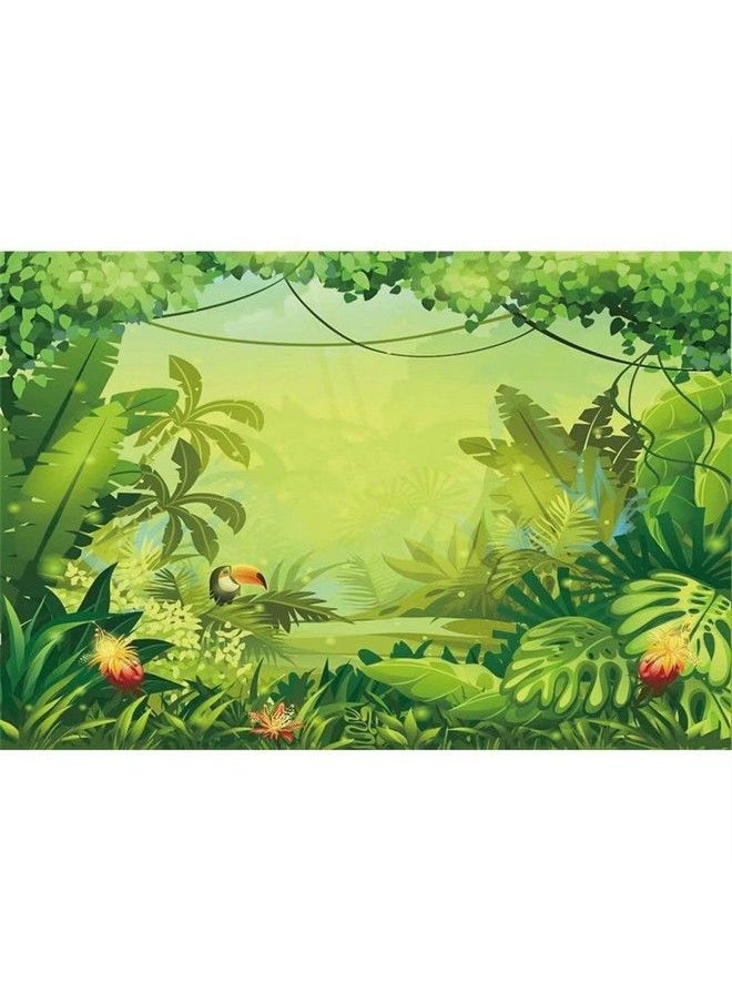 Laeacco 5X3Ft Cartoon Tropical Rainforest Backdrop Fairy Tale Forest Polyester Photography Background Lush Green Plants Palm Flowers Summer Party Decoration Children Kids Birthday Party Banner  - Image 2