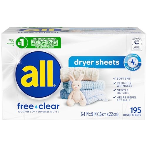 all Fabric Softener Dryer Sheets for Sensitive Skin, Free Clear, 195 Count - Image 1