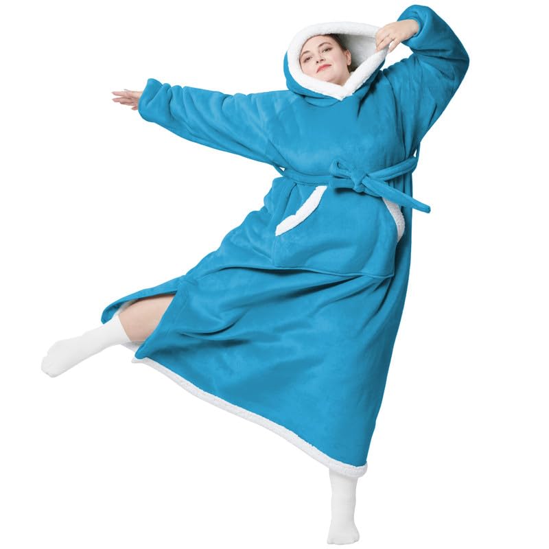 Bedsure Bedsure Oversized Wearable Blanket Hoodie - Long Sherpa Fleece Hooded Blanket for Adult Women Men  Warm Cozy Big Blanket Sweatshirt with Giant Pocket and Belt  Winter Gifts for Men  Oversize  Teal  - Image 1