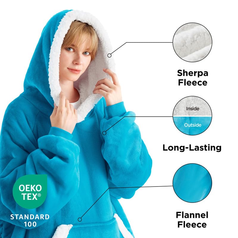 Bedsure Bedsure Oversized Wearable Blanket Hoodie - Long Sherpa Fleece Hooded Blanket for Adult Women Men  Warm Cozy Big Blanket Sweatshirt with Giant Pocket and Belt  Winter Gifts for Men  Oversize  Teal  - Image 2
