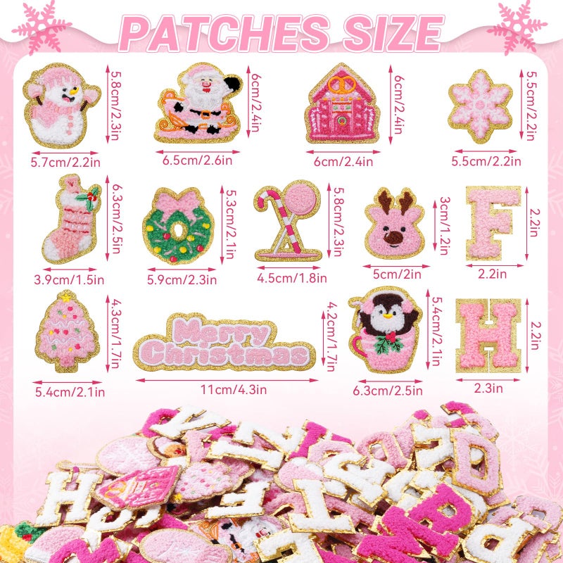 FOGWOWO 154 Pcs Pink Christmas Patches Chenille Christmas Letter Patches Self Adhesive Embroidered,Include 104 A-Z Letters Patch Stickers,50 Winter Snowflake Snowman Wreath Stick on Patch for Backpacks - Image 4