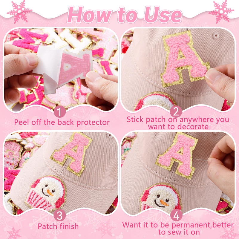 FOGWOWO 154 Pcs Pink Christmas Patches Chenille Christmas Letter Patches Self Adhesive Embroidered,Include 104 A-Z Letters Patch Stickers,50 Winter Snowflake Snowman Wreath Stick on Patch for Backpacks - Image 3