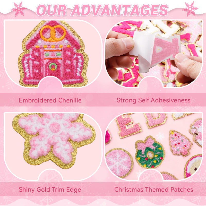 FOGWOWO 154 Pcs Pink Christmas Patches Chenille Christmas Letter Patches Self Adhesive Embroidered,Include 104 A-Z Letters Patch Stickers,50 Winter Snowflake Snowman Wreath Stick on Patch for Backpacks - Image 5