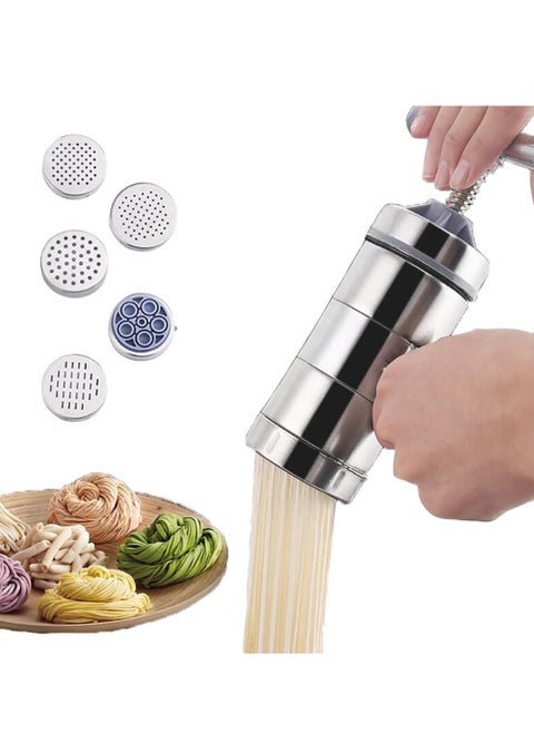 Manual Pasta Maker,Manual Stainless Steel Noodle Maker With 5 Different Molds,Spaghetti Making Tools,Sliver