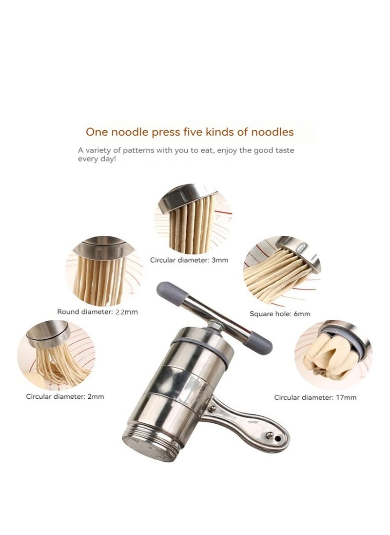 MIXDE - Manual Pasta Maker,Manual Stainless Steel Noodle Maker With 5 Different Molds,Spaghetti Making Tools,Sliver - Image 1