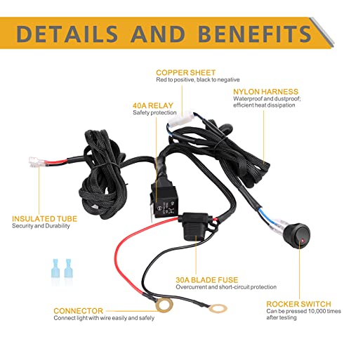 Rfroad Lighting Wiring Harness 1 Lead, Rfroad Lighting Heavy Duty 12V Rocker Switch Nylon Wiring Harness Kit for Led Work Light Bar Fog Lights Driving Lights Offroad LED Pods for Truck UTV ATV Boat - Image 3