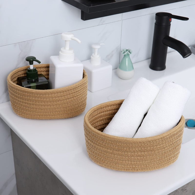 ABenkle 【2 Pack】 Small Woven Baskets, Tiny Oval Shallow Storage Baskets, Mini Cotton Rope Empty Decorative Basket, Boho Little Organizer Bins for Nursery Room Kids Baby Dog Toy Gifts - Image 4