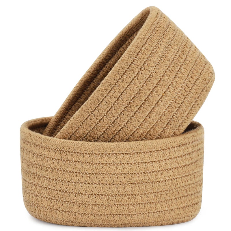 ABenkle 【2 Pack】 Small Woven Baskets, Tiny Oval Shallow Storage Baskets, Mini Cotton Rope Empty Decorative Basket, Boho Little Organizer Bins for Nursery Room Kids Baby Dog Toy Gifts - Image 1