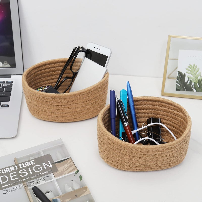 ABenkle 【2 Pack】 Small Woven Baskets, Tiny Oval Shallow Storage Baskets, Mini Cotton Rope Empty Decorative Basket, Boho Little Organizer Bins for Nursery Room Kids Baby Dog Toy Gifts - Image 5