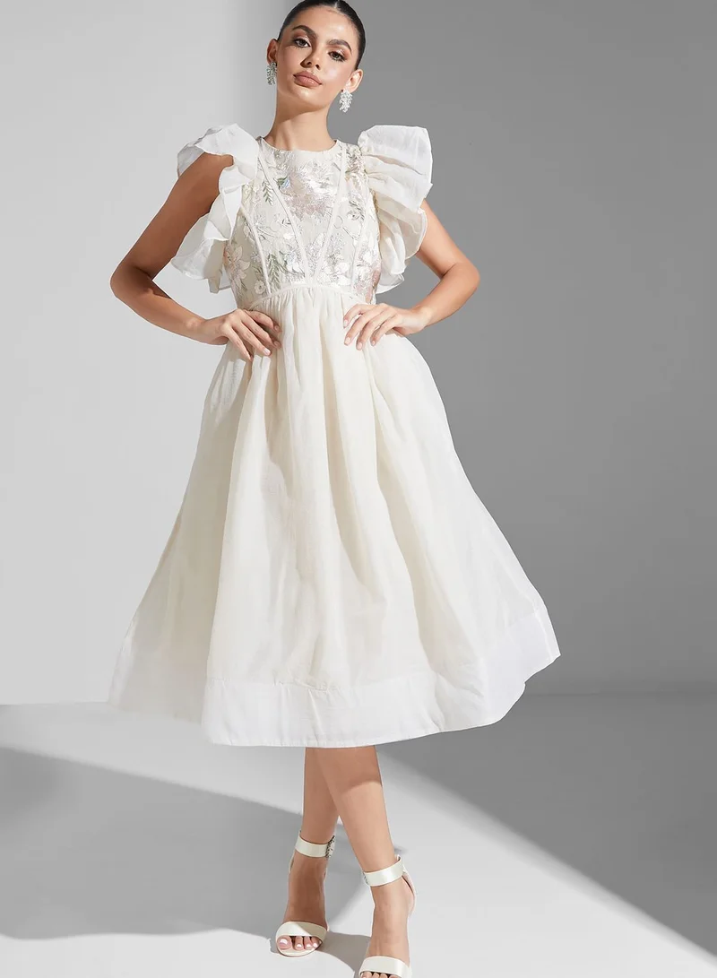 True Decadence Floral Lace Detail Ruffle Sleeves Midi Dress
