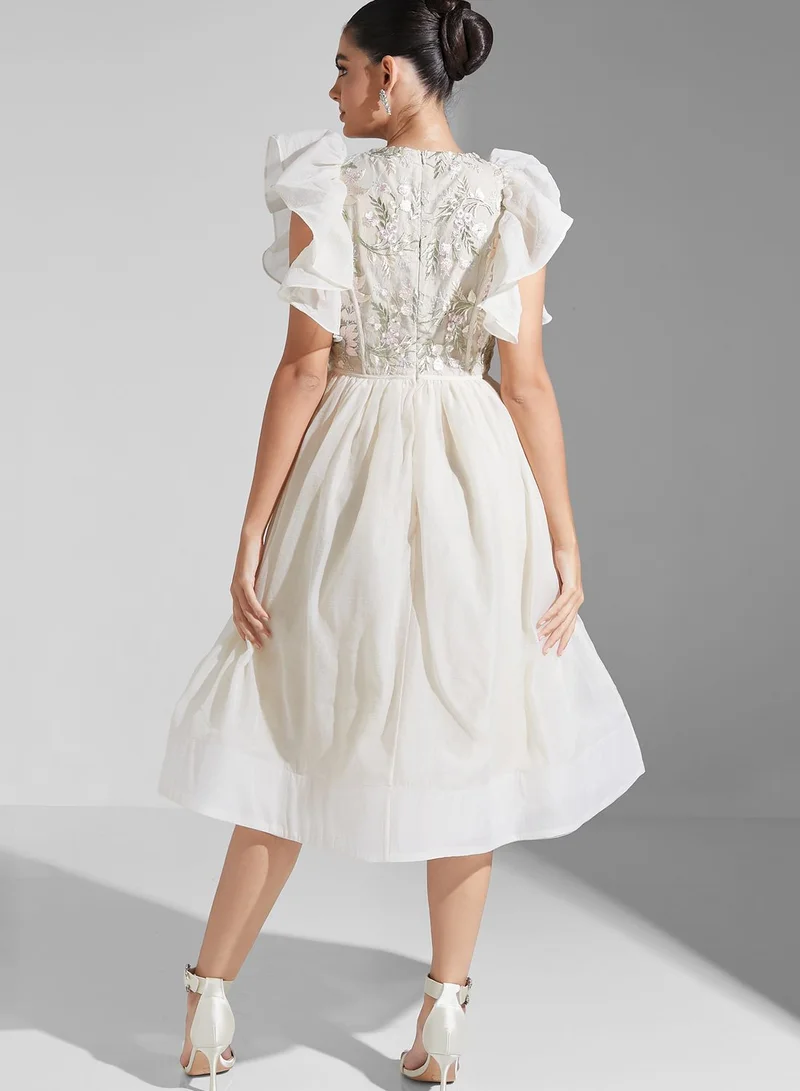 True Decadence Floral Lace Detail Ruffle Sleeves Midi Dress