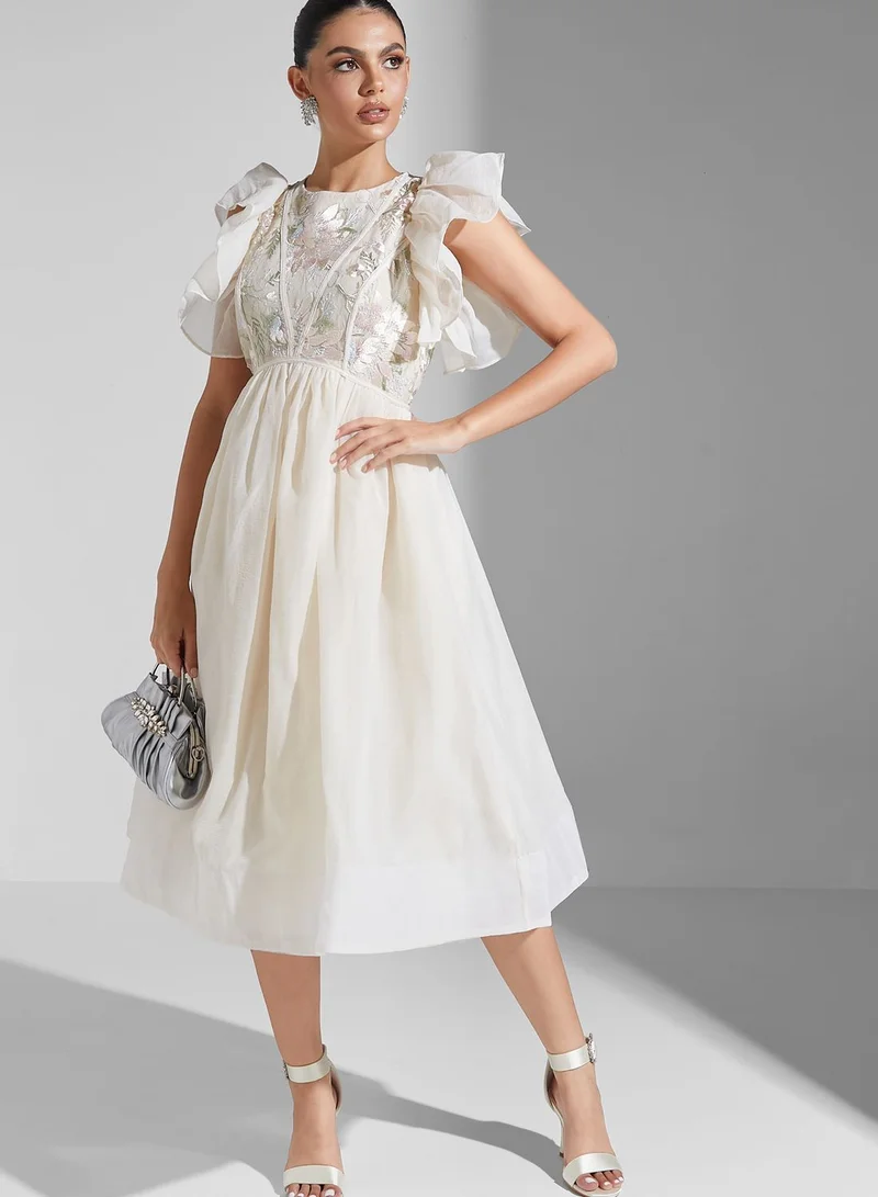 True Decadence Floral Lace Detail Ruffle Sleeves Midi Dress