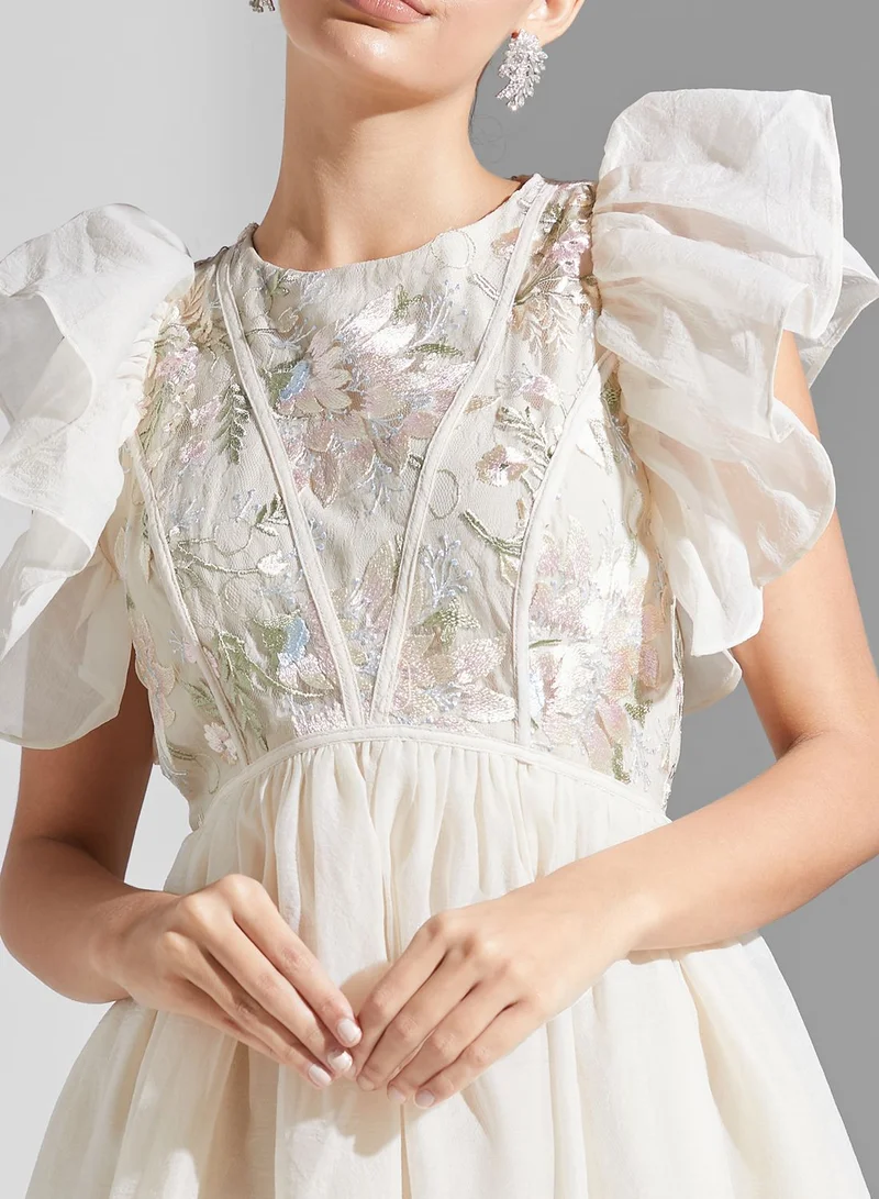 True Decadence Floral Lace Detail Ruffle Sleeves Midi Dress