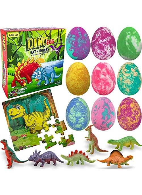 Mineral Me California - Bath Bombs for Kids with Surprise Toys Inside Plus Dinosaur Puzzle  Set of 9 Organic Dino Egg Bath Bombs with Rich Bubbles Christmas Gift for Kids - Image 1
