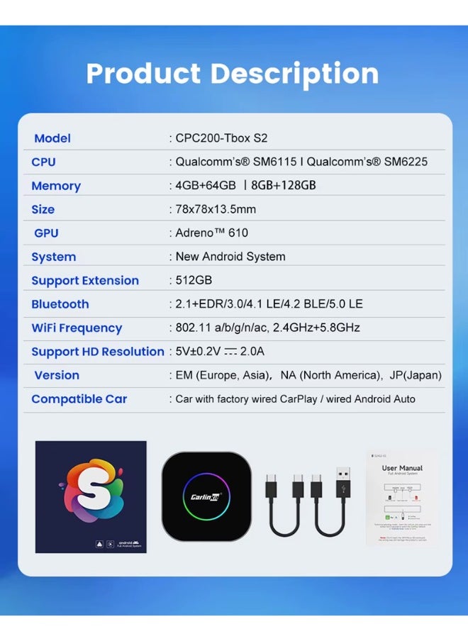 Carlinkit - 4G 64Gb Tbox S2 Portable Car Play Dongle Tv Streaming Box Wireless Android Auto Carlinkit Carplay Adapter - Image 1