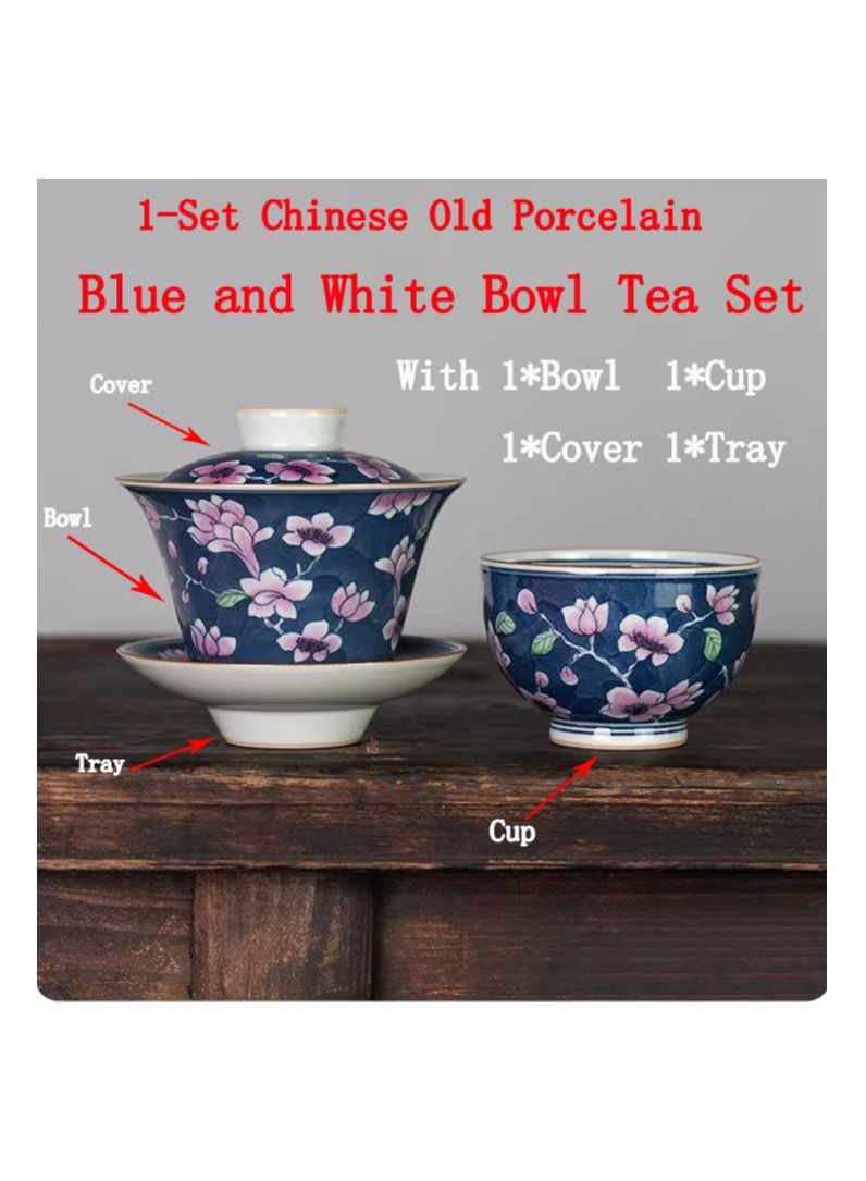1-Set Chinese Old Porcelain Blue and White Bowl Tea Set,Chinese Tea Bowl with Cover Tray and Cup,Chinese Traditional Handicraft Ceramic Tea Set - Image 1