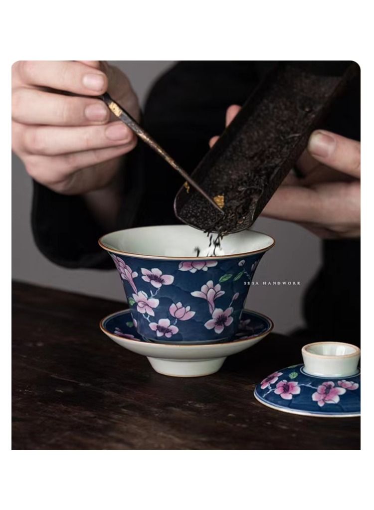 1-Set Chinese Old Porcelain Blue and White Bowl Tea Set,Chinese Tea Bowl with Cover Tray and Cup,Chinese Traditional Handicraft Ceramic Tea Set - Image 3
